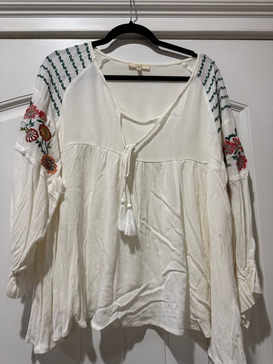 easel Tops - easel Cream Boho Tunic with Multicolor Floral Sleeve Embroidery